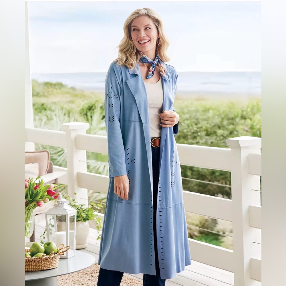 Soft Surroundings Norine Faux Suede Duster Coat in rustic blue